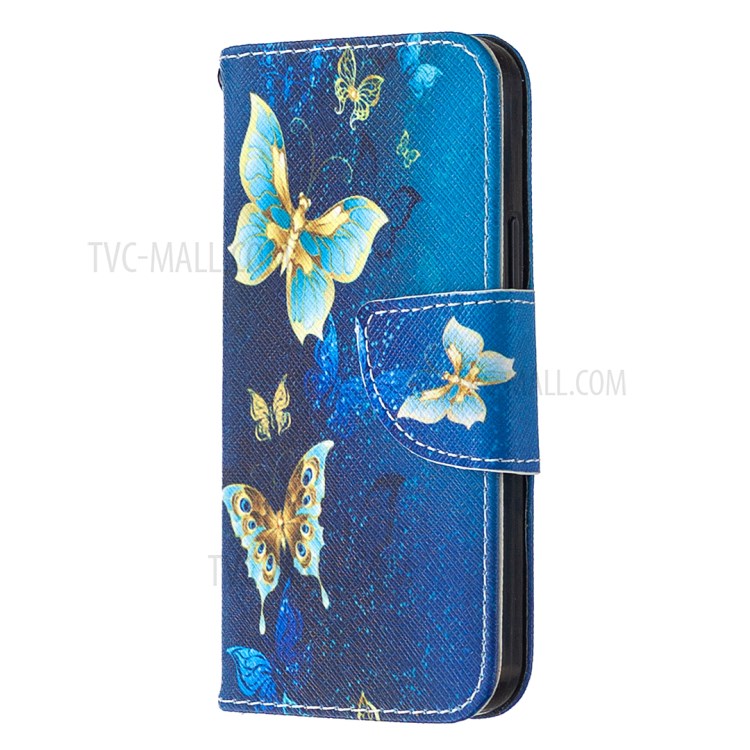 Pattern Printing Case Wallet Stand Leather Shell Protector for iPhone 12 mini - Blue and Gold Butterfly-3