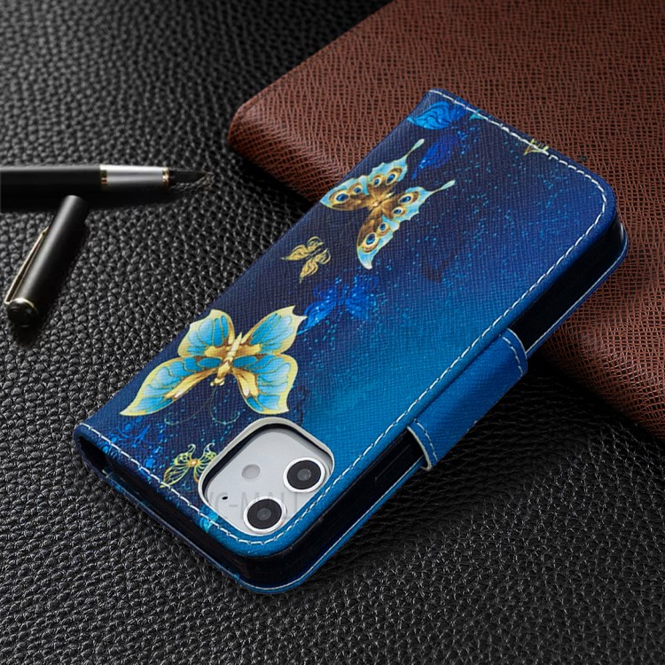 Pattern Printing Case Wallet Stand Leather Shell Protector for iPhone 12 mini - Blue and Gold Butterfly-4