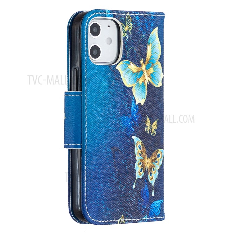 Pattern Printing Case Wallet Stand Leather Shell Protector for iPhone 12 mini - Blue and Gold Butterfly-6
