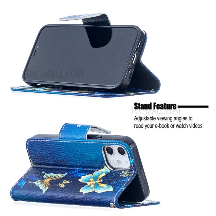 Pattern Printing Case Wallet Stand Leather Shell Protector for iPhone 12 mini - Blue and Gold Butterfly-7