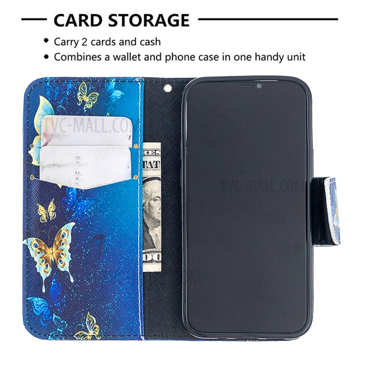 Pattern Printing Case Wallet Stand Leather Shell Protector for iPhone 12 mini - Blue and Gold Butterfly-8