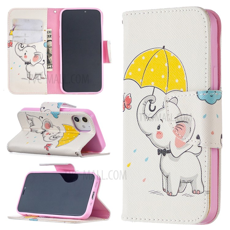 Pattern Printing Case Wallet Stand Leather Shell Protector for iPhone 12 mini - Cute Elephant-1