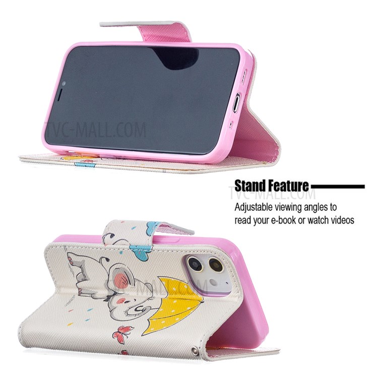 Pattern Printing Case Wallet Stand Leather Shell Protector for iPhone 12 mini - Cute Elephant-2