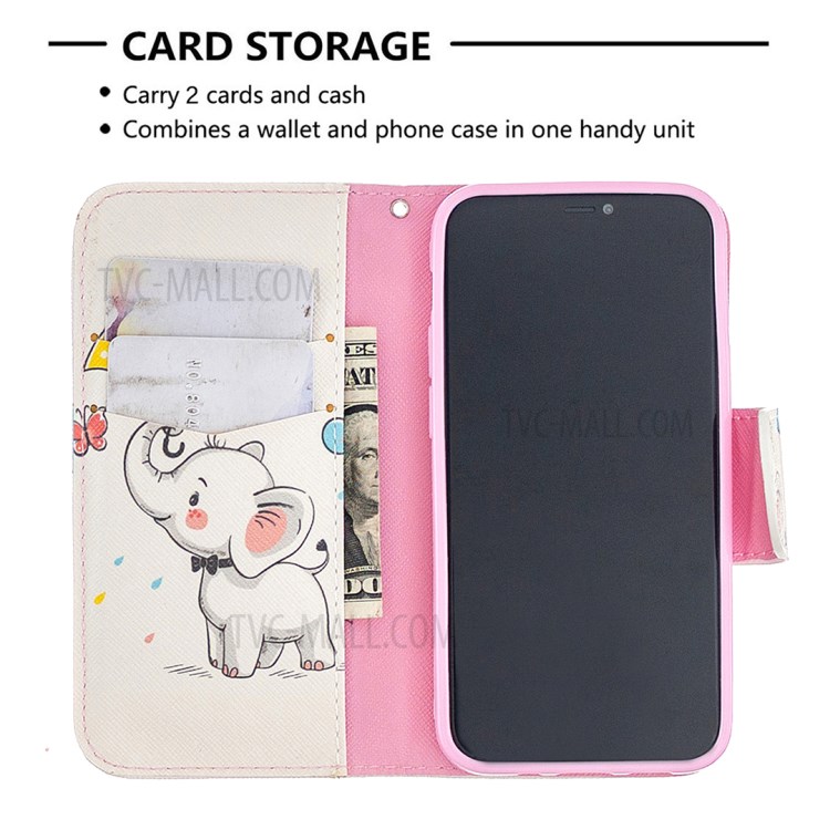 Pattern Printing Case Wallet Stand Leather Shell Protector for iPhone 12 mini - Cute Elephant-3
