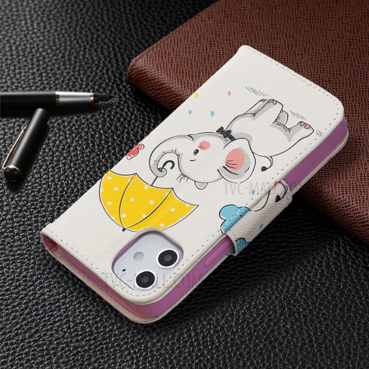 Pattern Printing Case Wallet Stand Leather Shell Protector for iPhone 12 mini - Cute Elephant-5