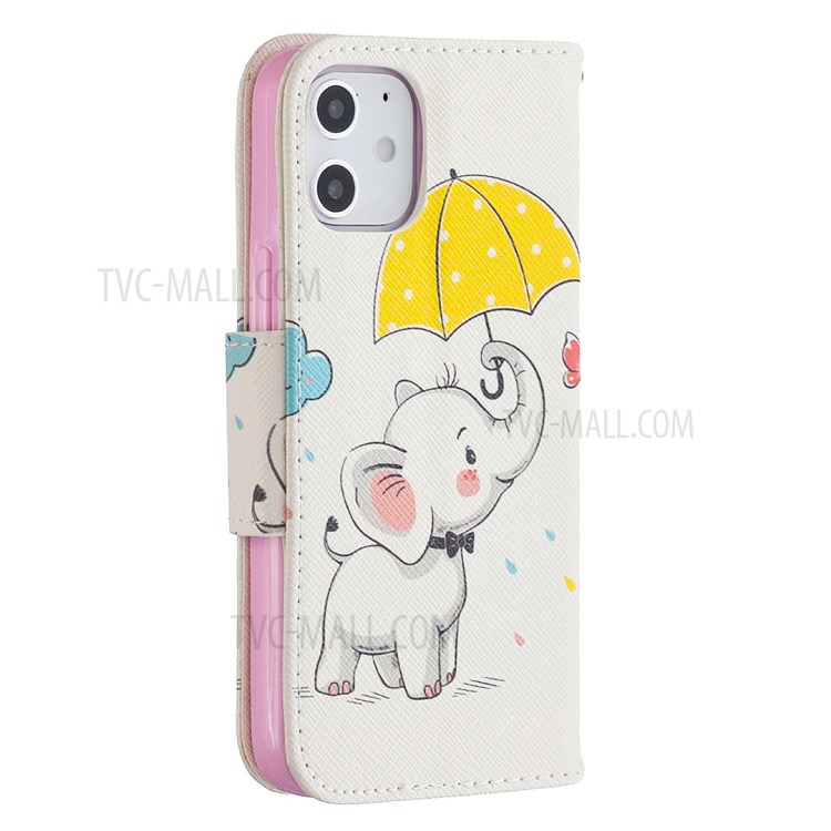 Pattern Printing Case Wallet Stand Leather Shell Protector for iPhone 12 mini - Cute Elephant-7