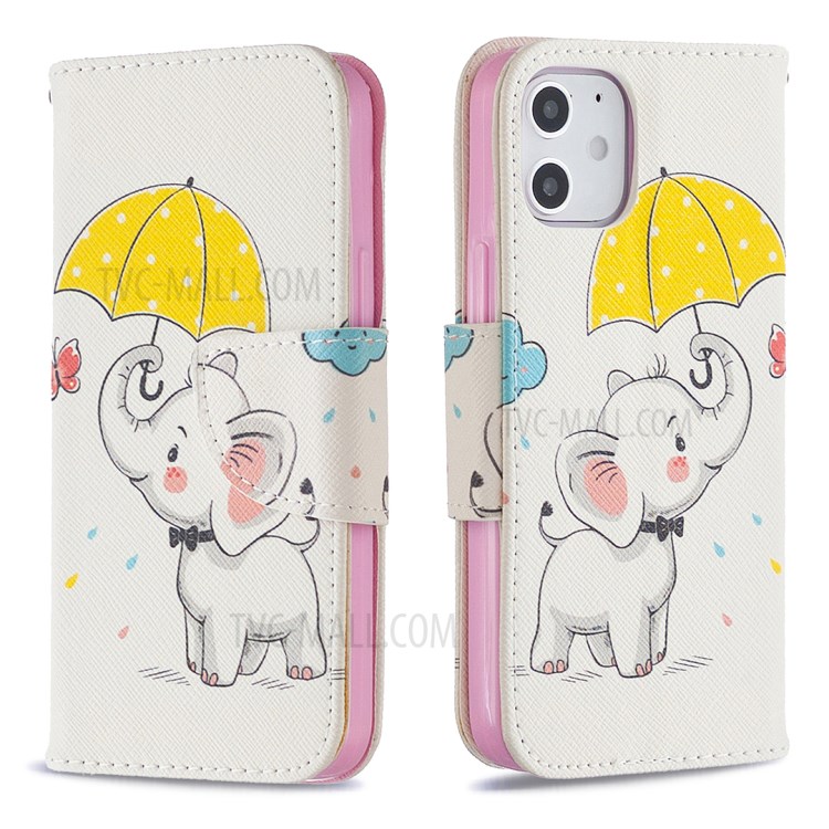 Pattern Printing Case Wallet Stand Leather Shell Protector for iPhone 12 mini - Cute Elephant-8