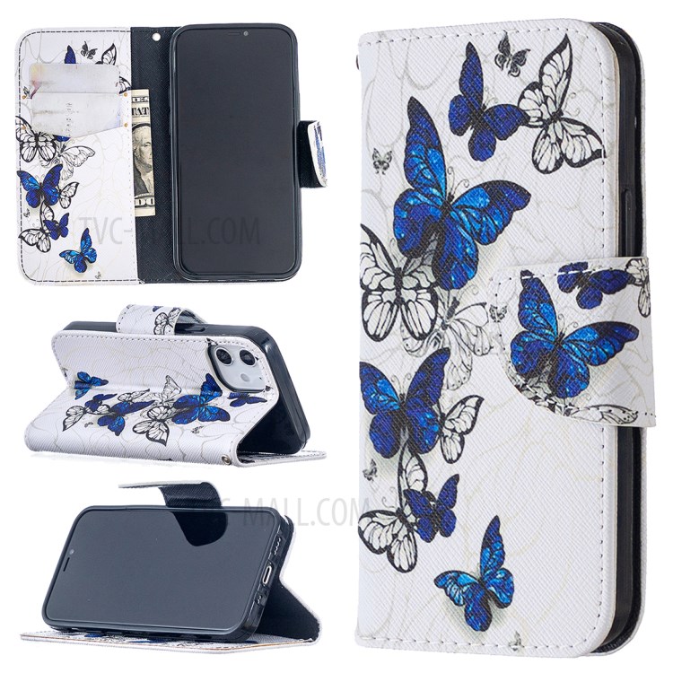 Pattern Printing Case Wallet Stand Leather Shell Protector for iPhone 12 mini - Blue and White Butterflies-1
