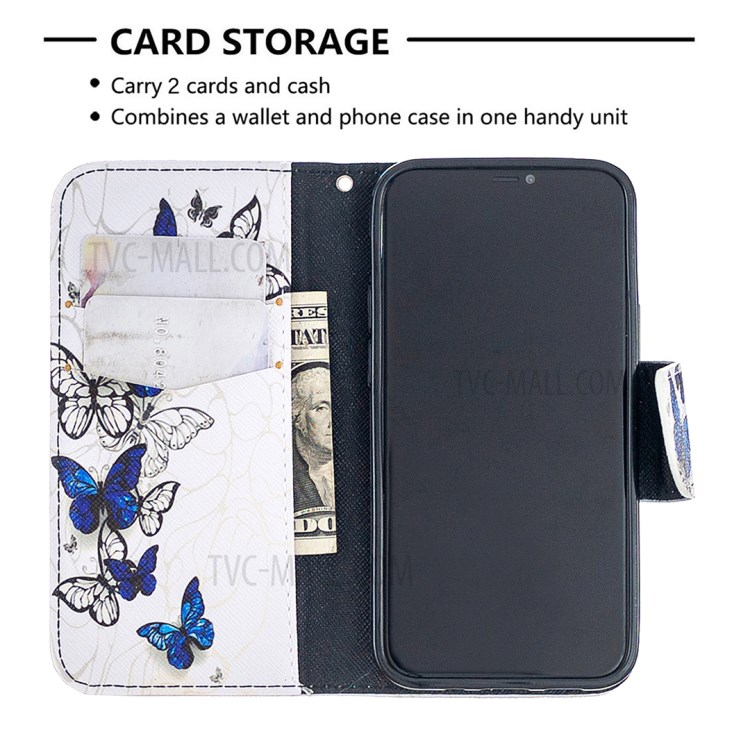 Pattern Printing Case Wallet Stand Leather Shell Protector for iPhone 12 mini - Blue and White Butterflies-2