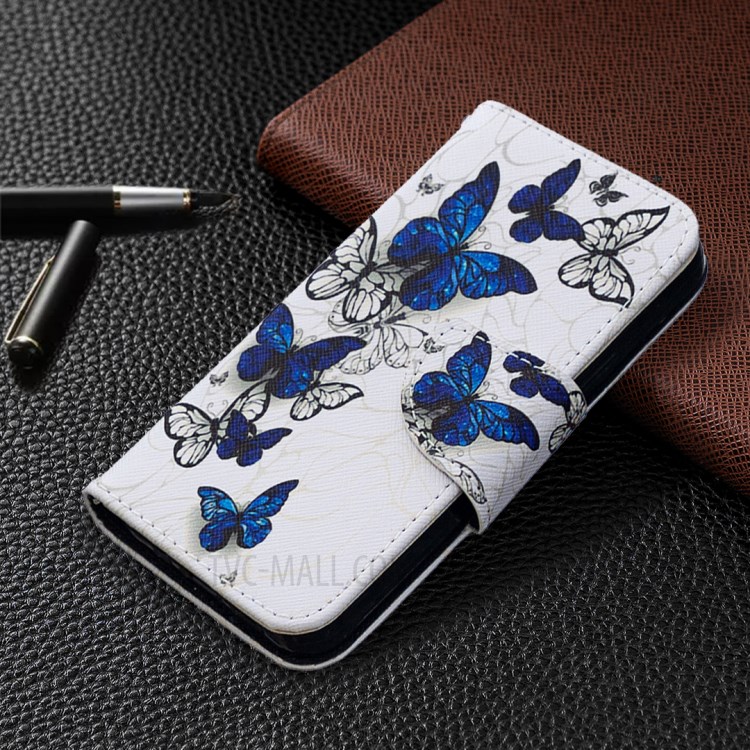 Pattern Printing Case Wallet Stand Leather Shell Protector for iPhone 12 mini - Blue and White Butterflies-3