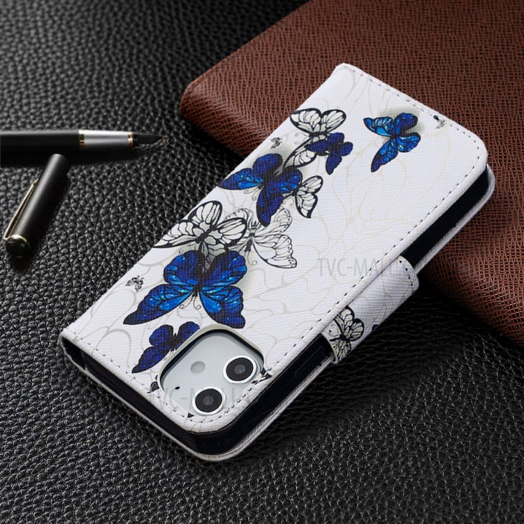 Pattern Printing Case Wallet Stand Leather Shell Protector for iPhone 12 mini - Blue and White Butterflies-4