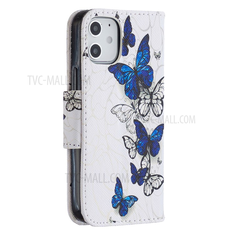 Pattern Printing Case Wallet Stand Leather Shell Protector for iPhone 12 mini - Blue and White Butterflies-6