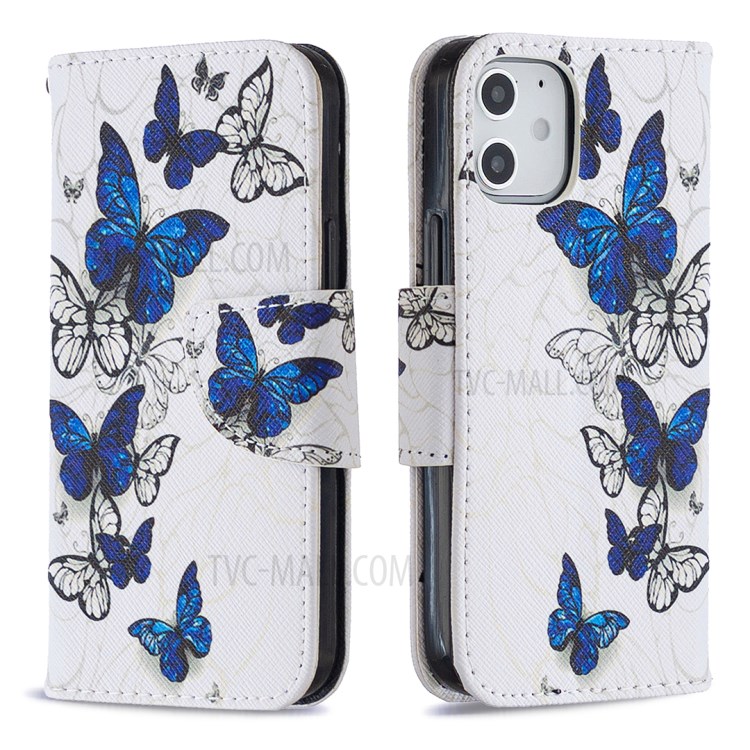 Pattern Printing Case Wallet Stand Leather Shell Protector for iPhone 12 mini - Blue and White Butterflies-7