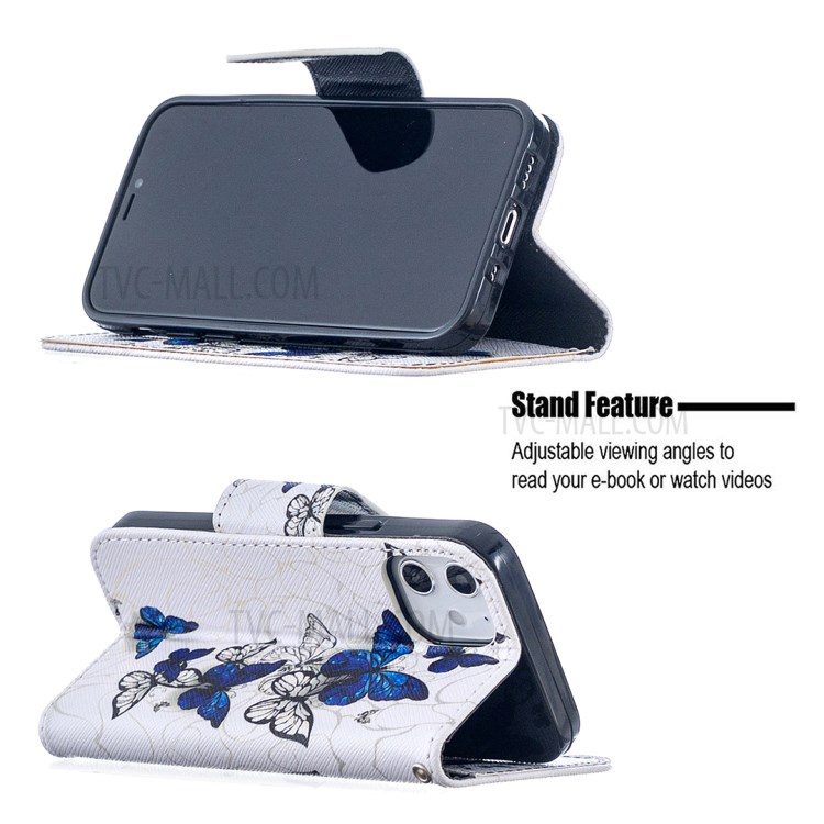 Pattern Printing Case Wallet Stand Leather Shell Protector for iPhone 12 mini - Blue and White Butterflies-8