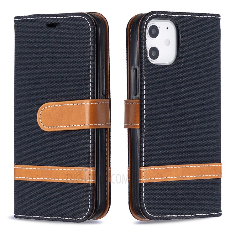 Color Splicing Jeans Cloth Skin Wallet Leather Phone Shell for iPhone 12 5.4 inch - Black-7