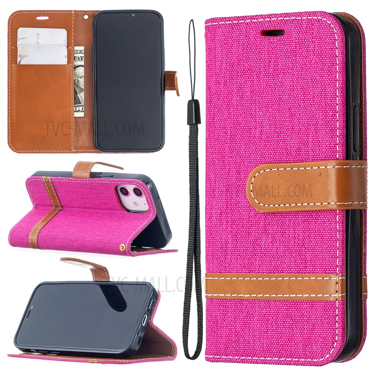 Color Splicing Jeans Cloth Skin Wallet Leather Phone Shell for iPhone 12 mini - Rose-1