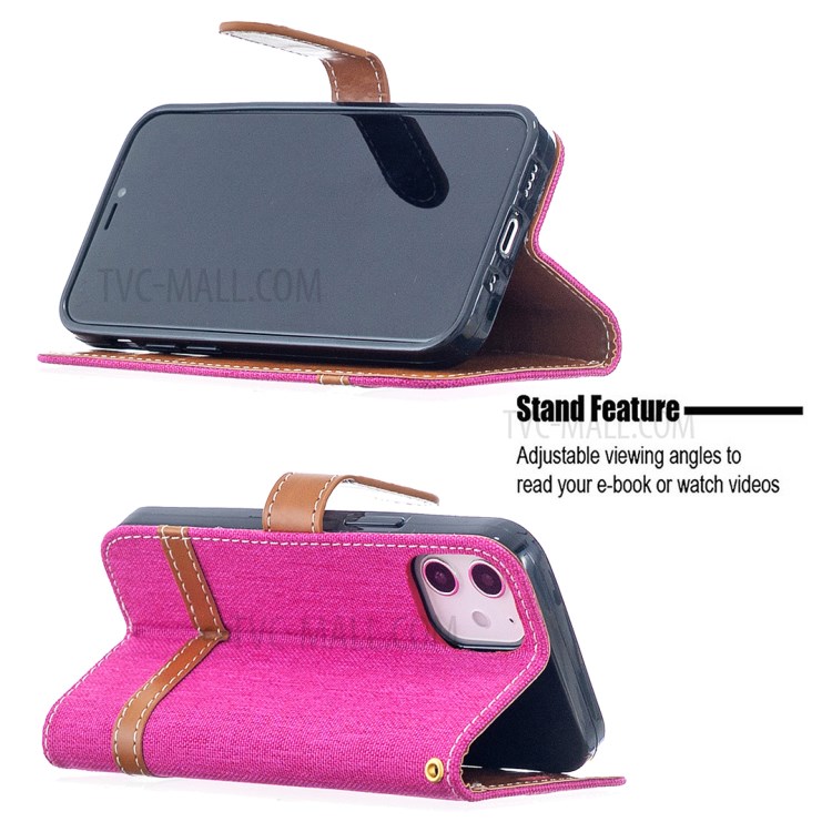 Color Splicing Jeans Cloth Skin Wallet Leather Phone Shell for iPhone 12 mini - Rose-2