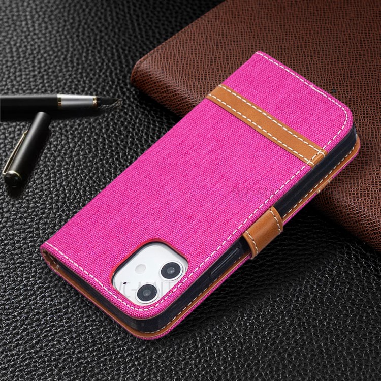 Color Splicing Jeans Cloth Skin Wallet Leather Phone Shell for iPhone 12 mini - Rose-5