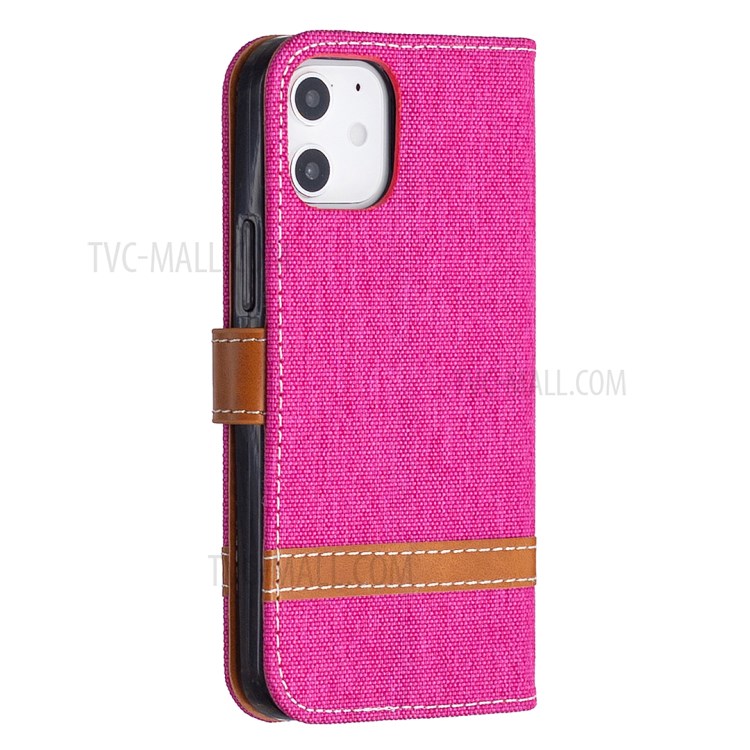 Color Splicing Jeans Cloth Skin Wallet Leather Phone Shell for iPhone 12 mini - Rose-7