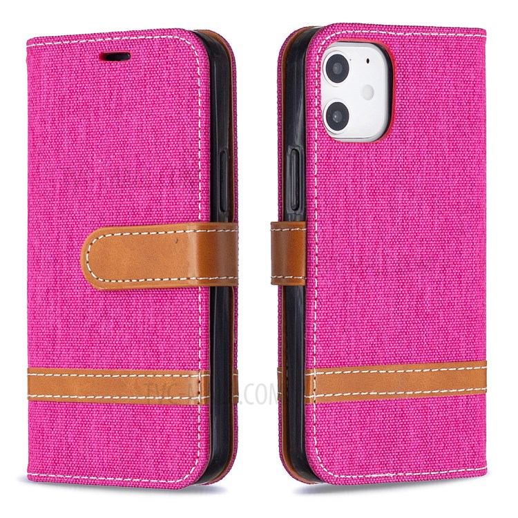 Color Splicing Jeans Cloth Skin Wallet Leather Phone Shell for iPhone 12 mini - Rose-8