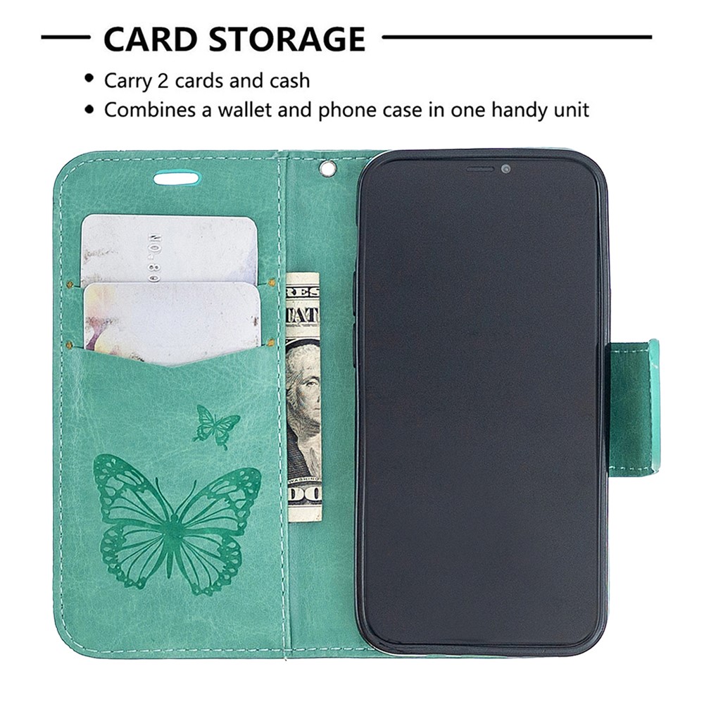 Imprint Butterfly Wallet Leather Stand Case for iPhone 12 5.4-inch - Cyan-3