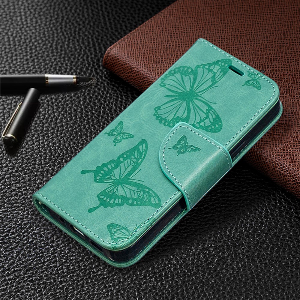 Imprint Butterfly Wallet Leather Stand Case for iPhone 12 5.4-inch - Cyan-4