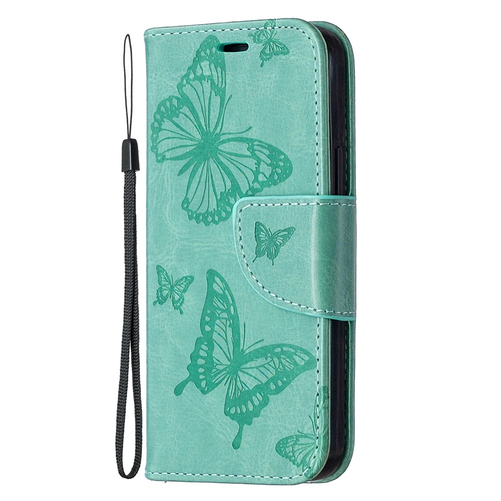 Imprint Butterfly Wallet Leather Stand Case for iPhone 12 5.4-inch - Cyan-6