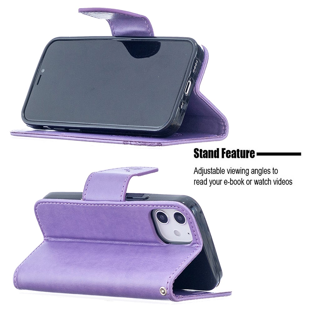 Imprint Butterfly Wallet Leather Stand Case for iPhone 12 mini - Purple-2