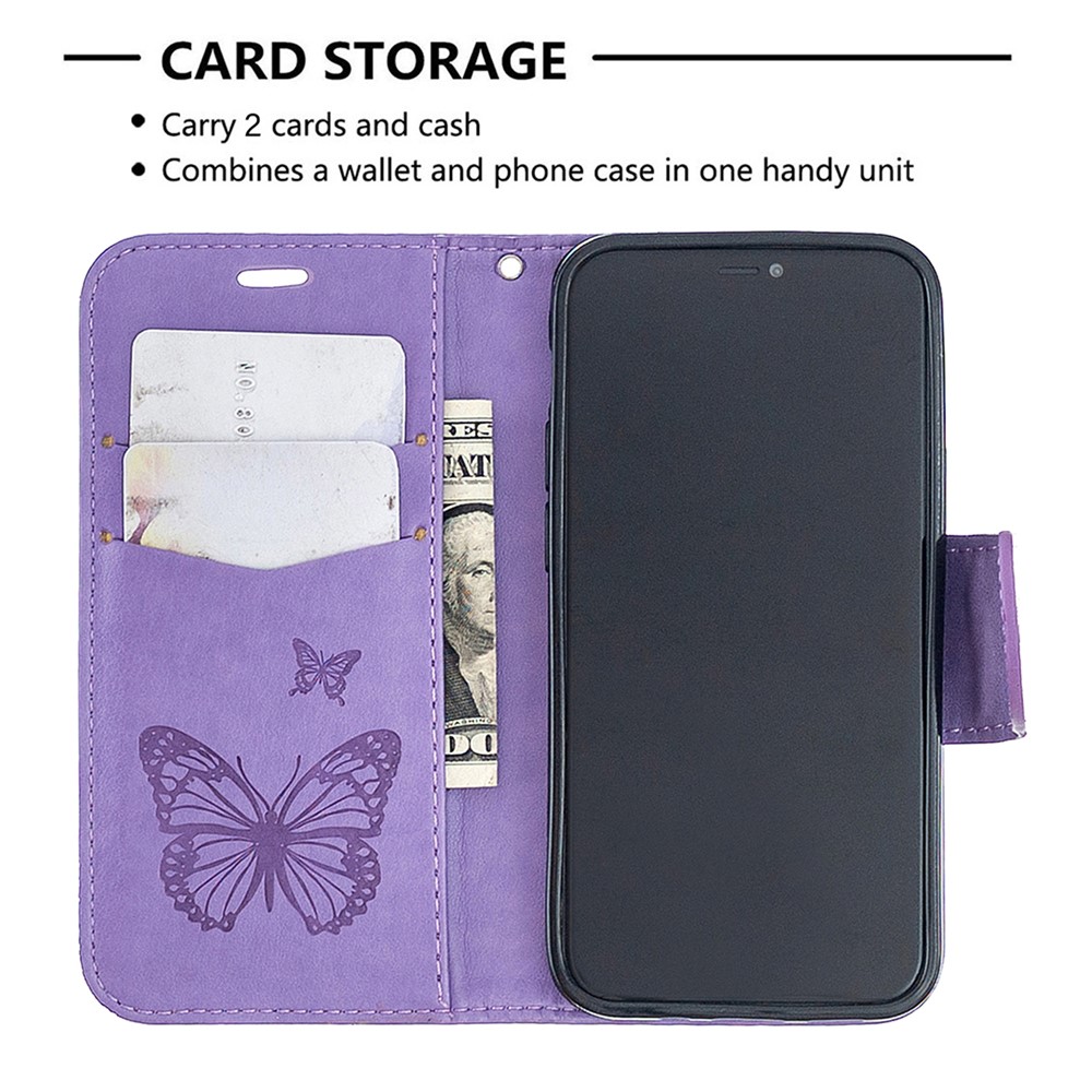 Imprint Butterfly Wallet Leather Stand Case for iPhone 12 mini - Purple-3