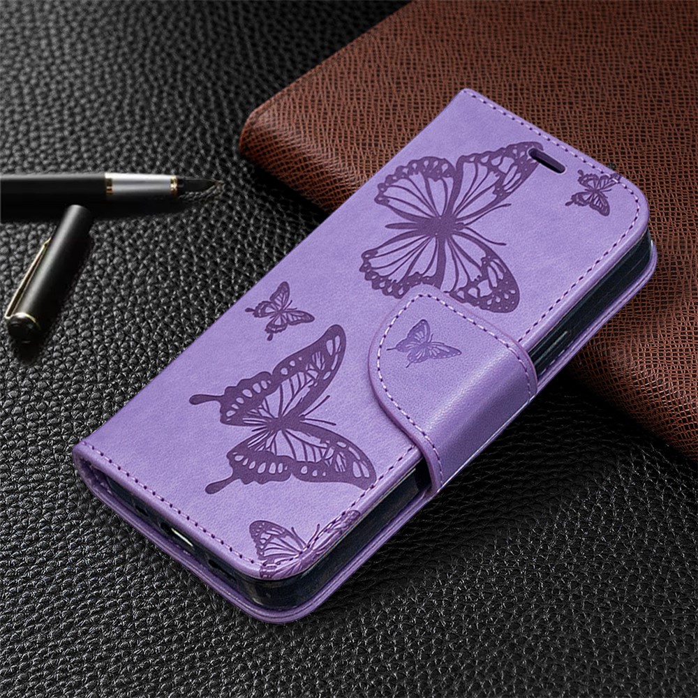 Imprint Butterfly Wallet Leather Stand Case for iPhone 12 mini - Purple-4
