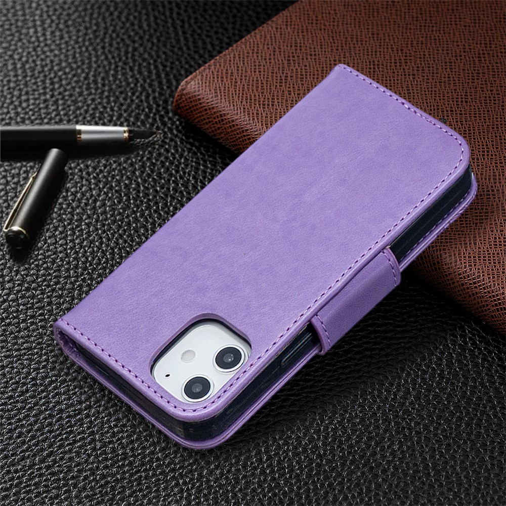 Imprint Butterfly Wallet Leather Stand Case for iPhone 12 mini - Purple-5