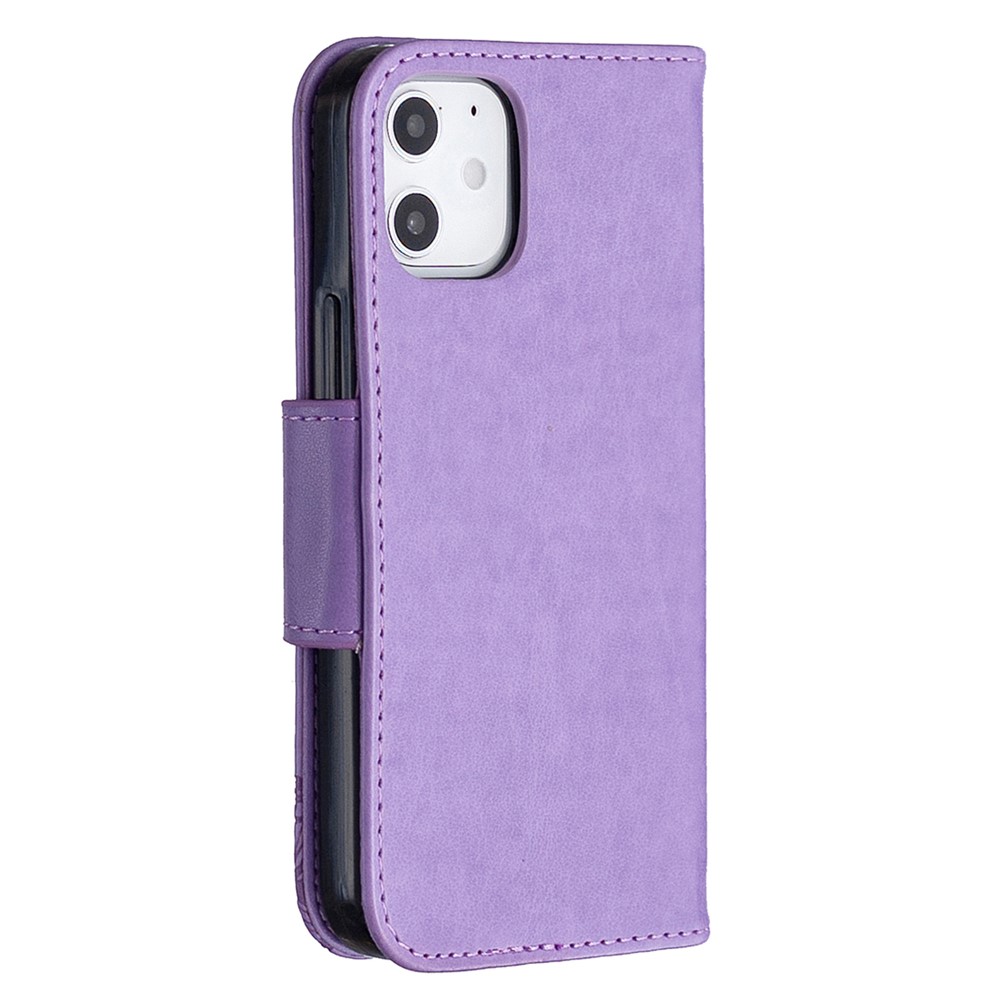 Imprint Butterfly Wallet Leather Stand Case for iPhone 12 mini - Purple-7