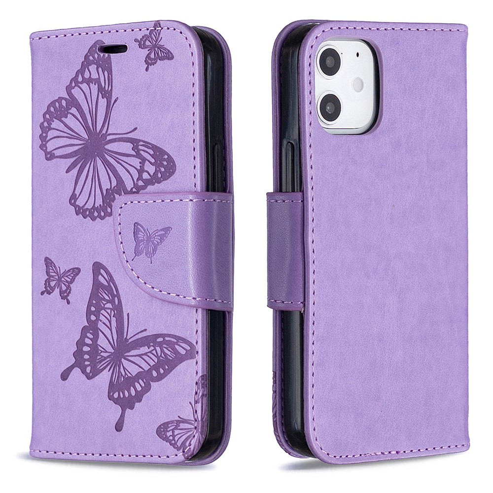 Imprint Butterfly Wallet Leather Stand Case for iPhone 12 mini - Purple-8