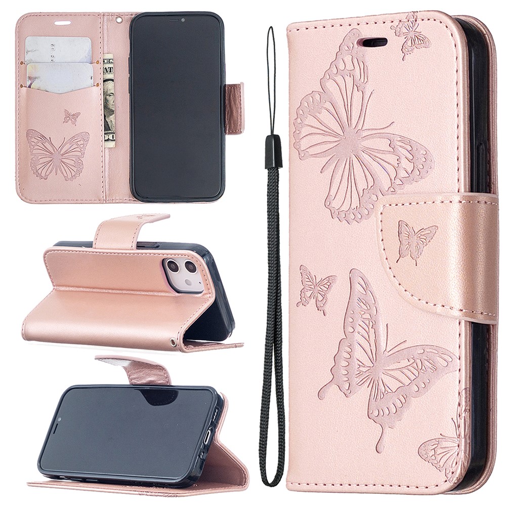 Imprint Butterfly Wallet Leather Stand Case for iPhone 12 mini - Rose Gold-1