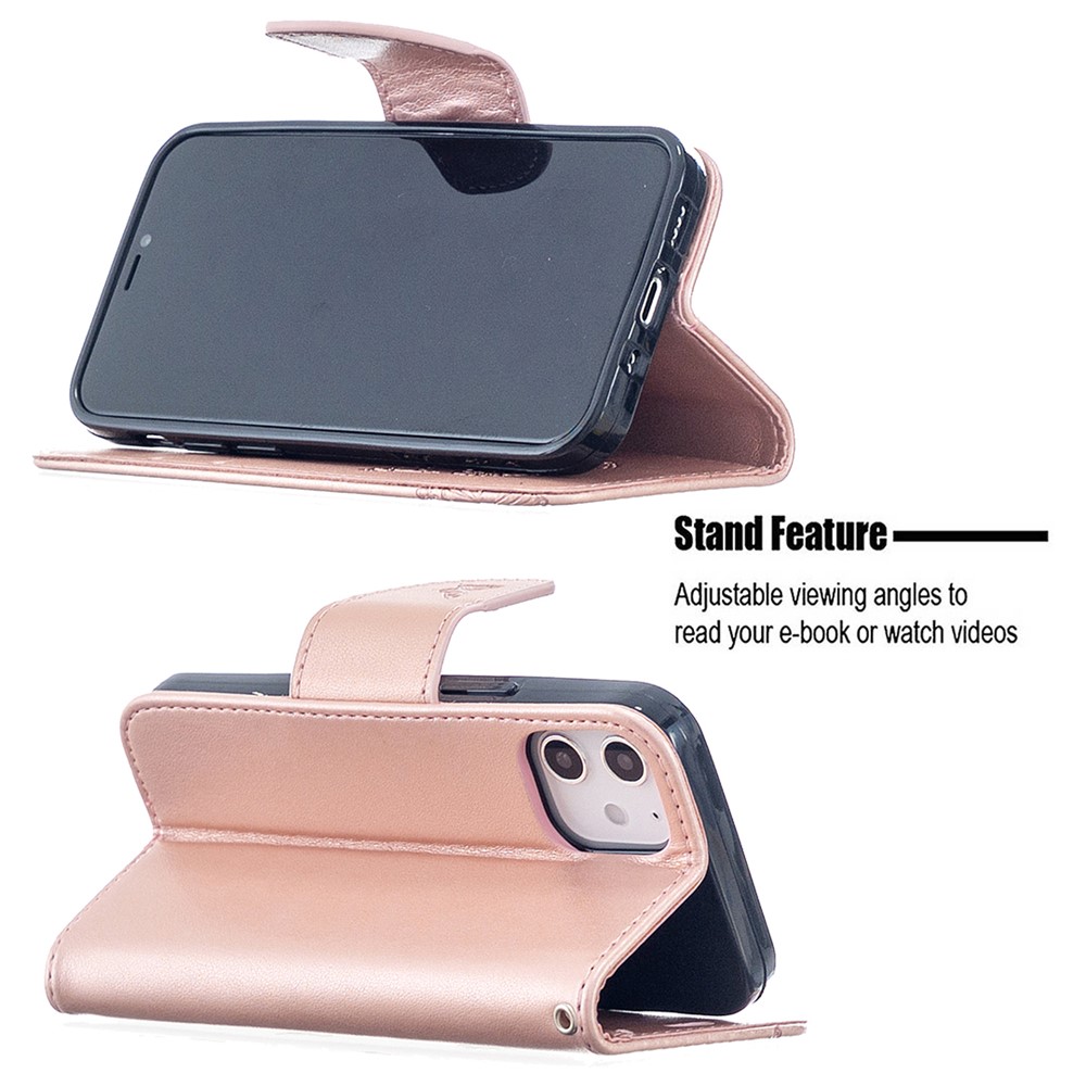 Imprint Butterfly Wallet Leather Stand Case for iPhone 12 mini - Rose Gold-2