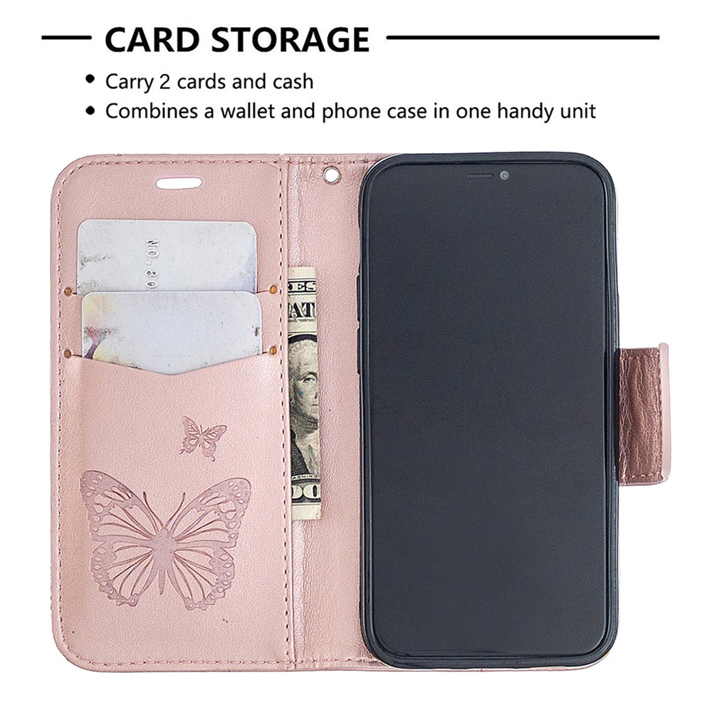 Imprint Butterfly Wallet Leather Stand Case for iPhone 12 mini - Rose Gold-3
