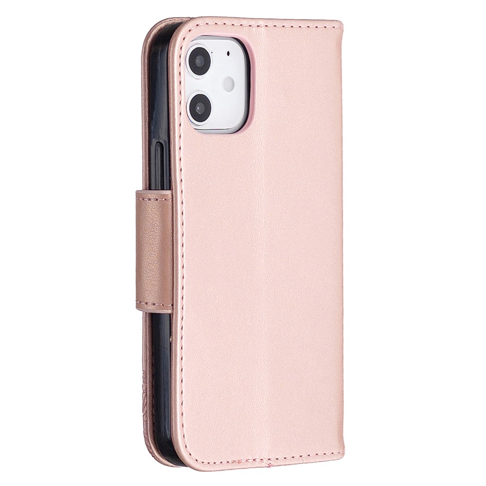 Imprint Butterfly Wallet Leather Stand Case for iPhone 12 mini - Rose Gold-7