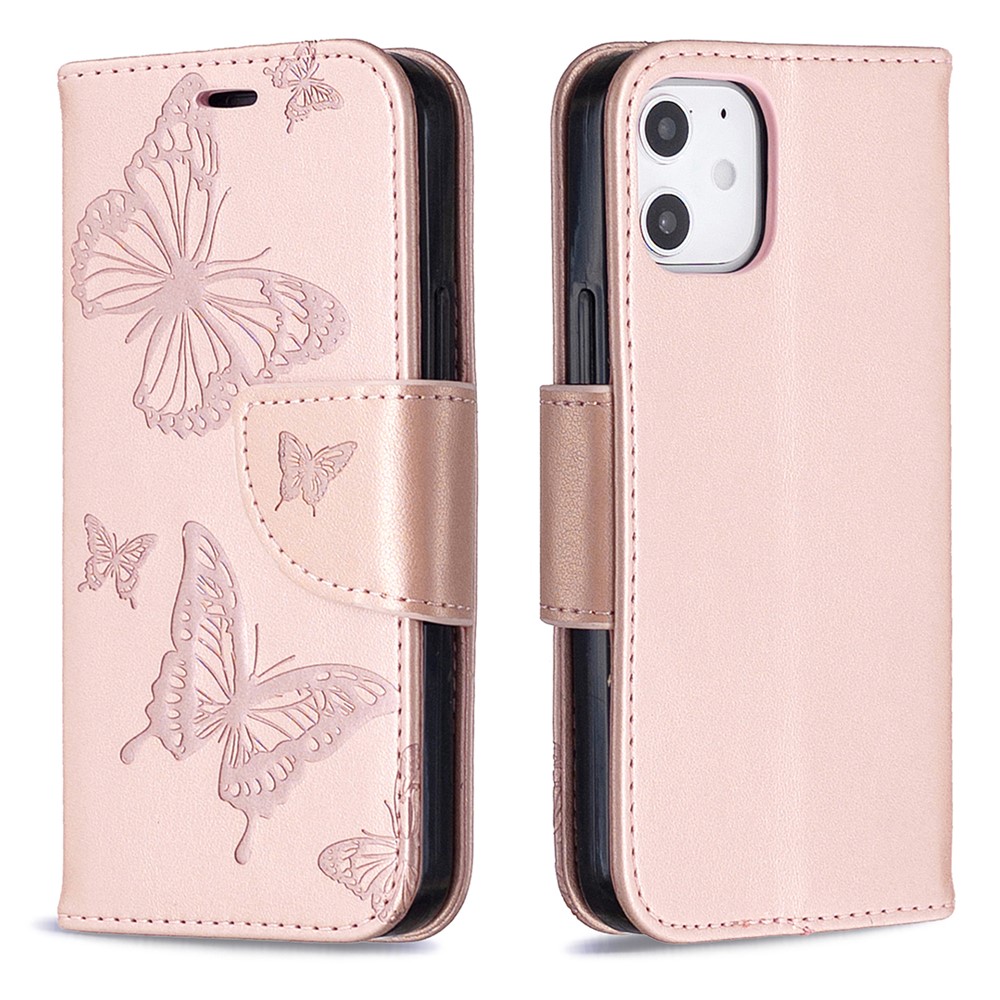 Imprint Butterfly Wallet Leather Stand Case for iPhone 12 mini - Rose Gold-8