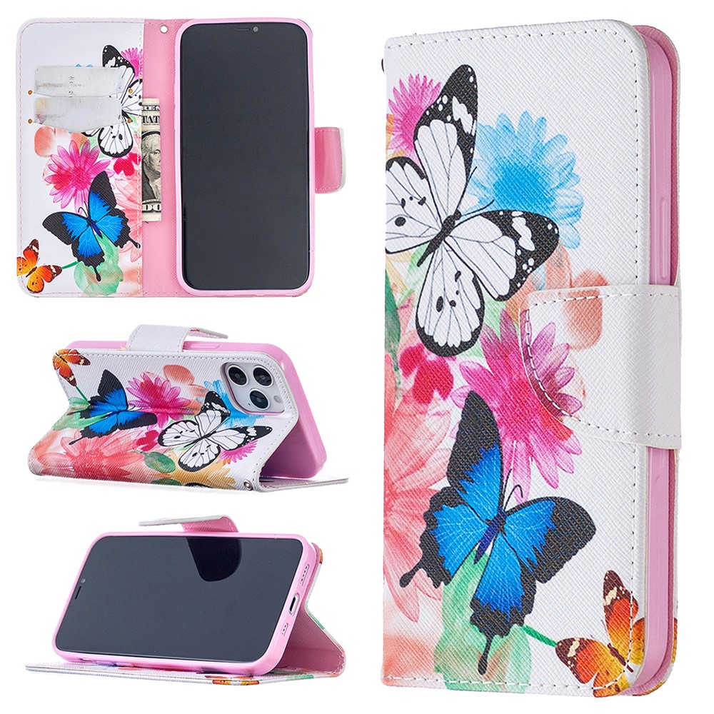 Pattern Printing Leather Wallet Protective Case for iPhone 12 Pro/12 Max 6.1 inch - Butterflies-1