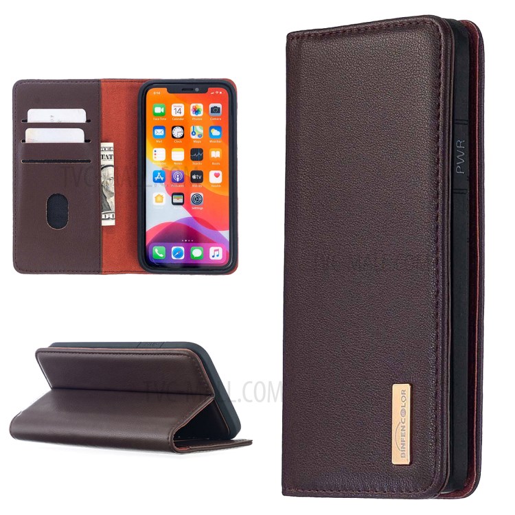 Detachable 2-in-1 Genuine Leather Wallet Stand Case for iPhone 11 6.1-inch - Brown-1