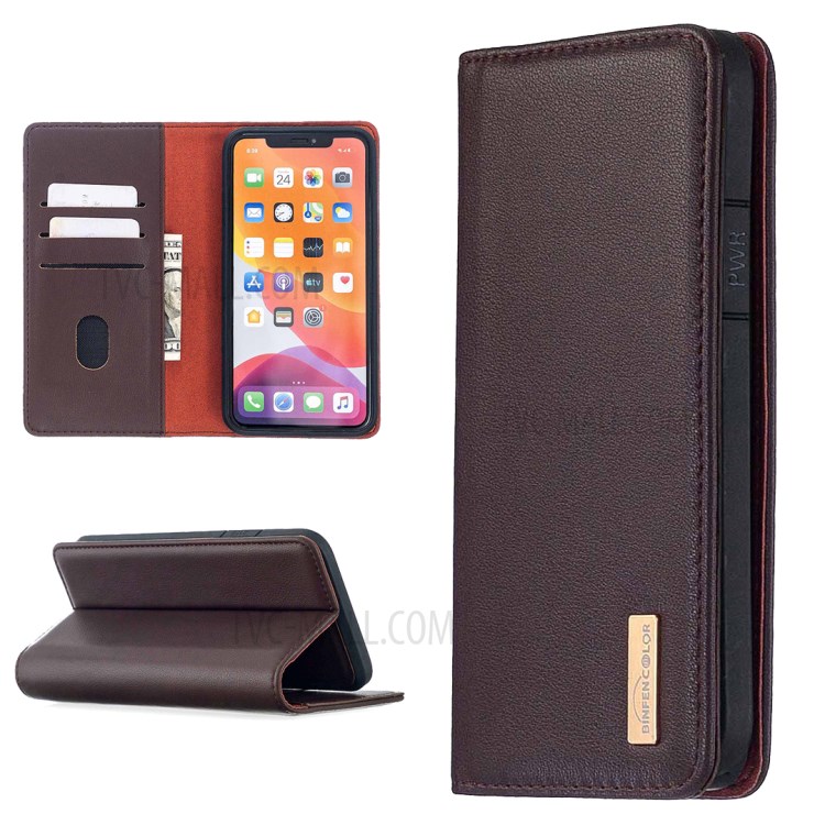 Detachable 2-in-1 Magnetic Genuine Leather Protector Stand Case for iPhone 11 Pro Max 6.5 inch - Brown-1