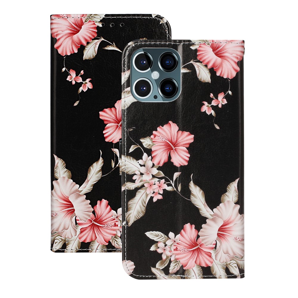Pattern Printing Leather Wallet Phone Cover for iPhone 12 Pro/12 - Flower-1