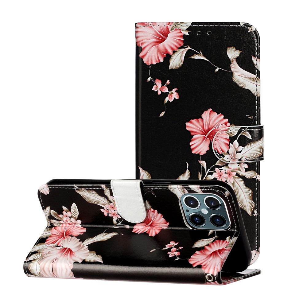 Pattern Printing Leather Wallet Phone Cover for iPhone 12 Pro/12 - Flower-2