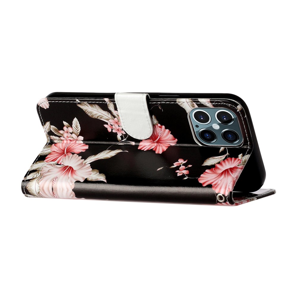 Pattern Printing Leather Wallet Phone Cover for iPhone 12 Pro/12 - Flower-5