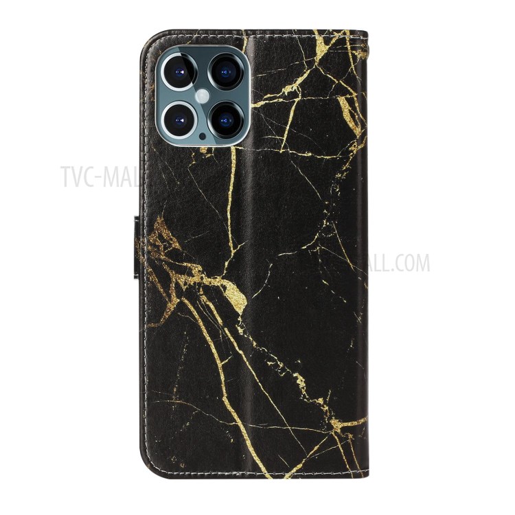 Marble Pattern Printing Leather Protector Wallet Stand Case for iPhone 12 Pro Max 6.7 inch - Black Marble-4