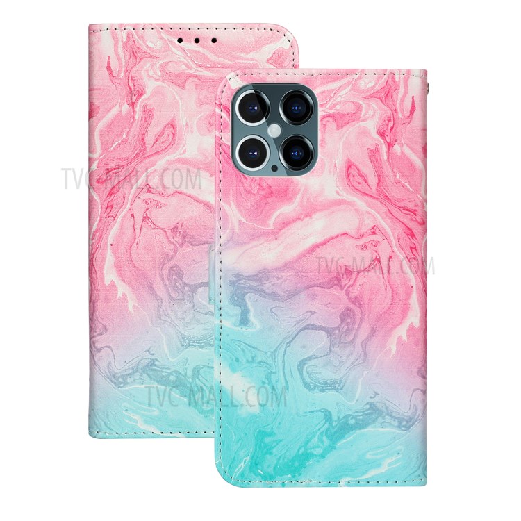 Marble Pattern Printing Leather Protector Wallet Stand Case for iPhone 12 Pro Max 6.7 inch - Pink / Blue Marble-1
