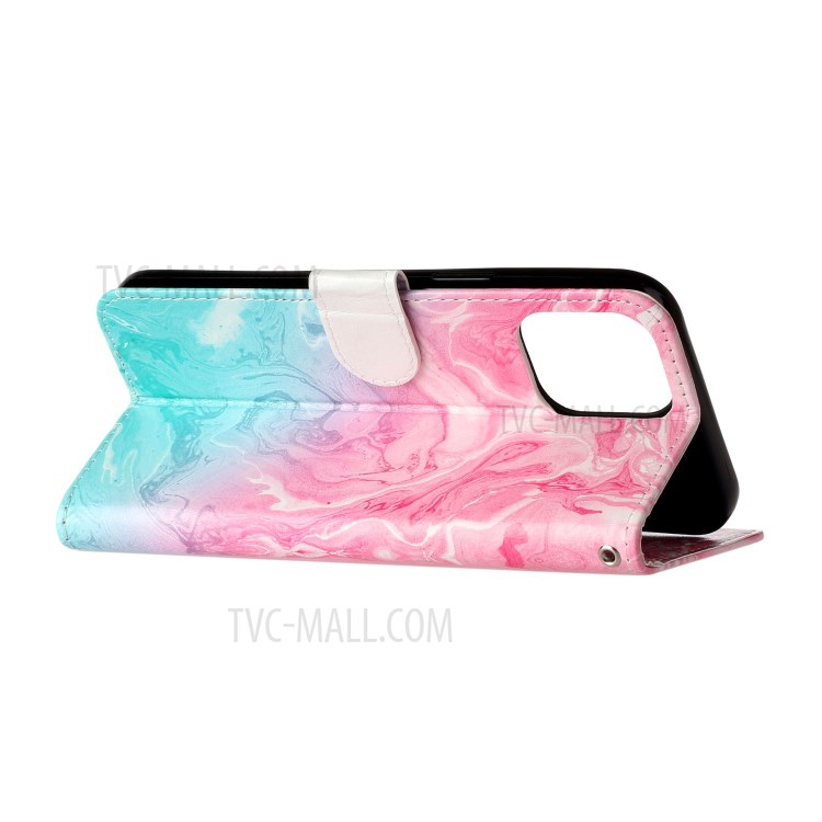 Marble Pattern Printing Leather Protector Wallet Stand Case for iPhone 12 Pro Max 6.7 inch - Pink / Blue Marble-2