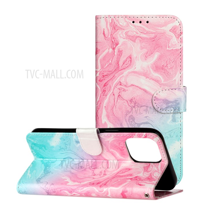 Marble Pattern Printing Leather Protector Wallet Stand Case for iPhone 12 Pro Max 6.7 inch - Pink / Blue Marble-3