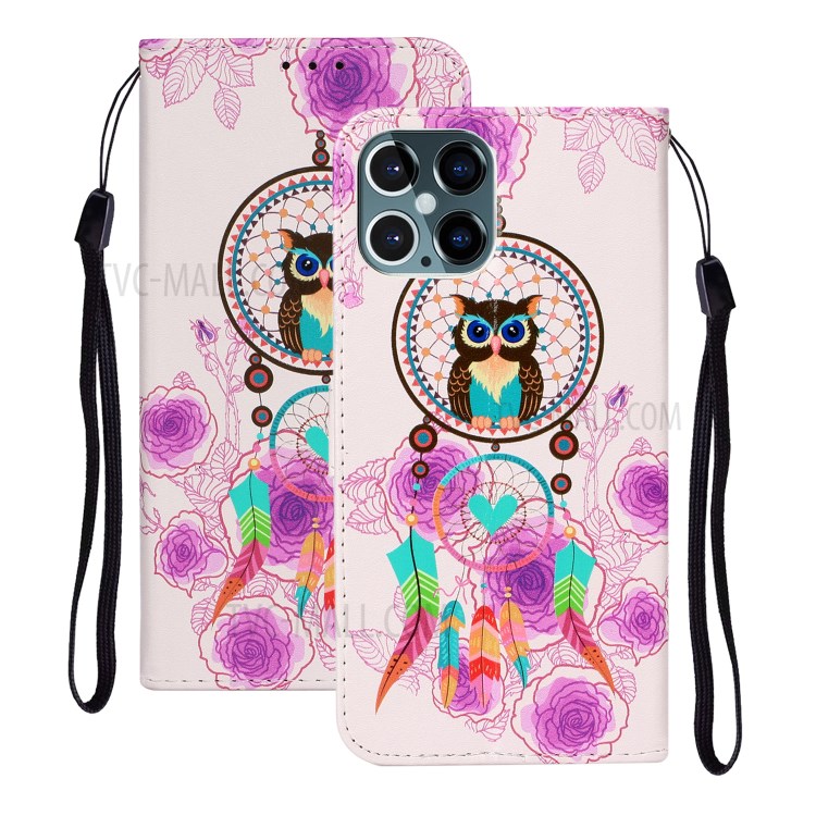 Embossed Patterned Wallet Stand Leather Phone Case with Strap for iPhone 12 Pro/12 - Dream Catcher-1