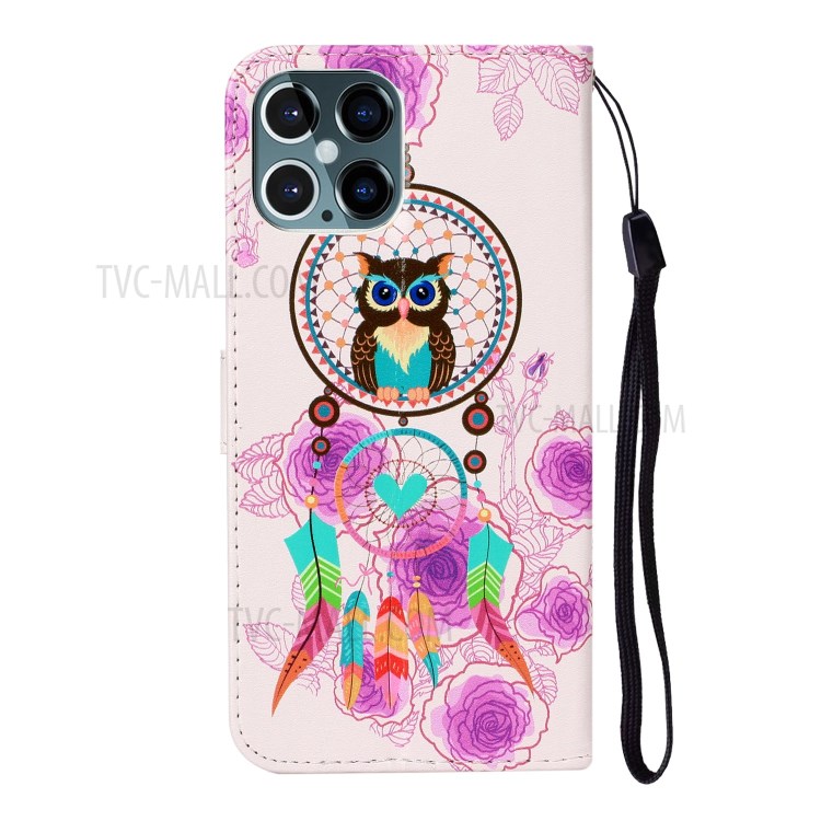 Embossed Patterned Wallet Stand Leather Phone Case with Strap for iPhone 12 Pro/12 - Dream Catcher-3